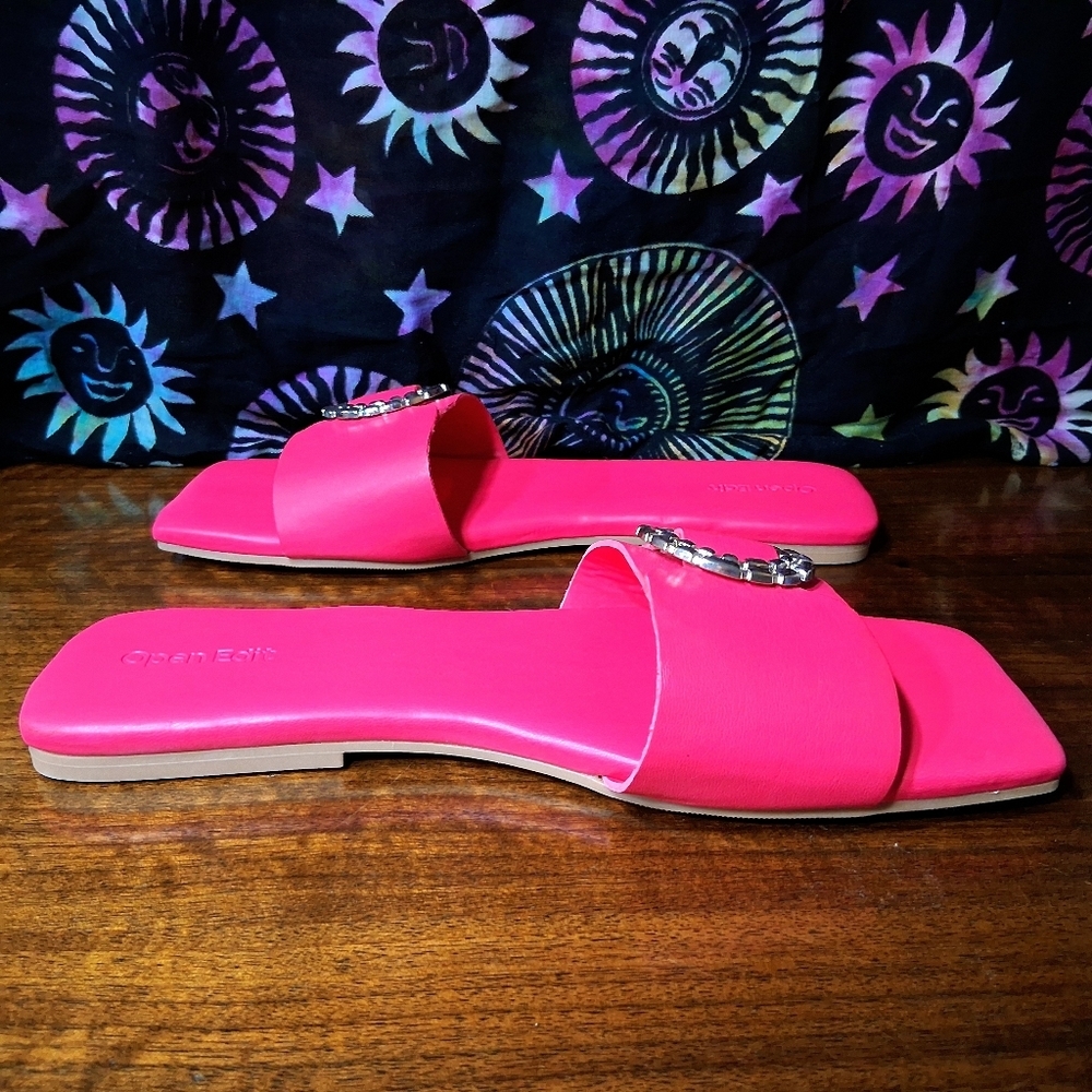 Open Edit Lely Slides Sandals Pink Silver Buckle Square Toe Size 9 Flip Flops - Picture 10 of 13